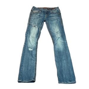 Y2K Rock Revival Betty Straight Jeans, Distressed, Bling,  27